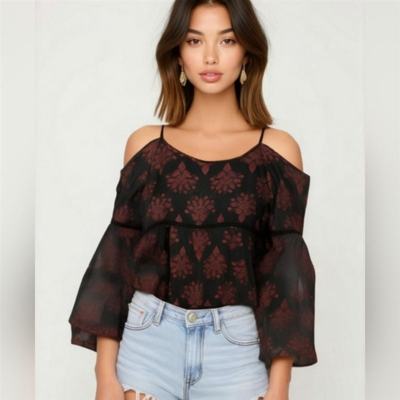 NWT Paper Crane L Paisley Cold Shoulder Sheer Lace Tiered Top Boho 137005