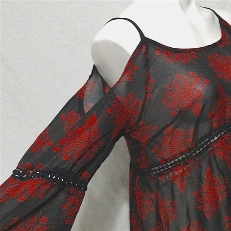 NWT Paper Crane L Paisley Cold Shoulder Sheer Lace Tiered Top Boho 137005