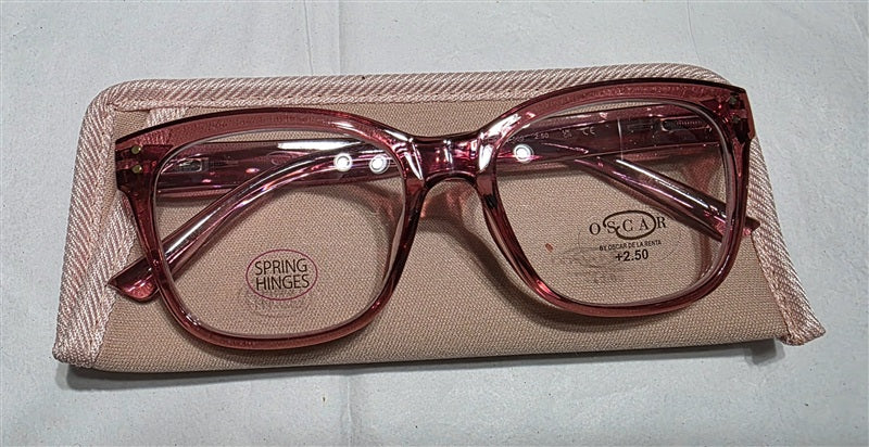 NWT Oscar De La Renta 2.5 Square CatEye Pink Sheer Reader Reading Glasses 137062