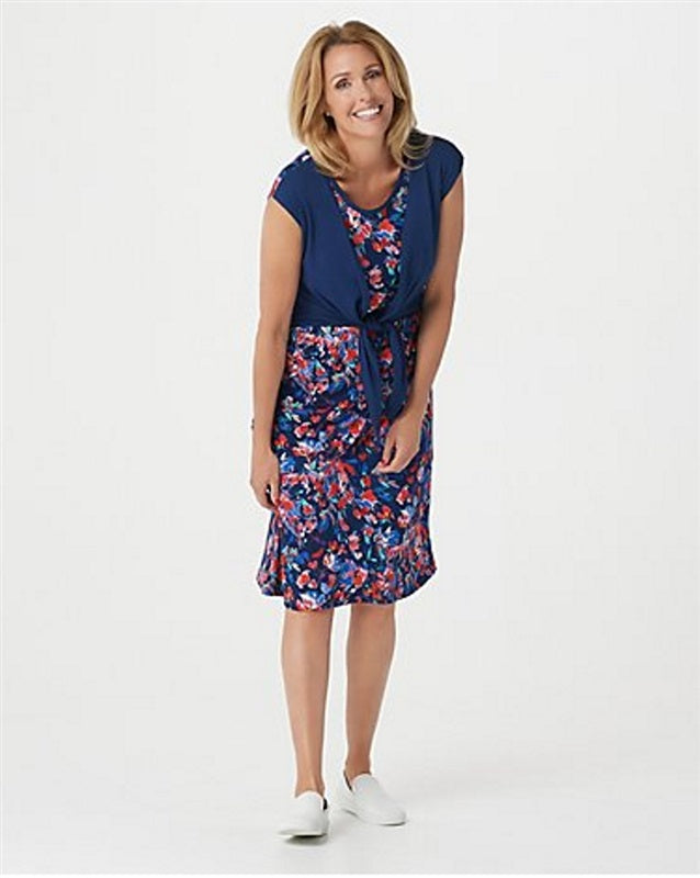 NWOT Cuddl Duds M Flexwear Tie Front Midi Dress Navy Floral 137090