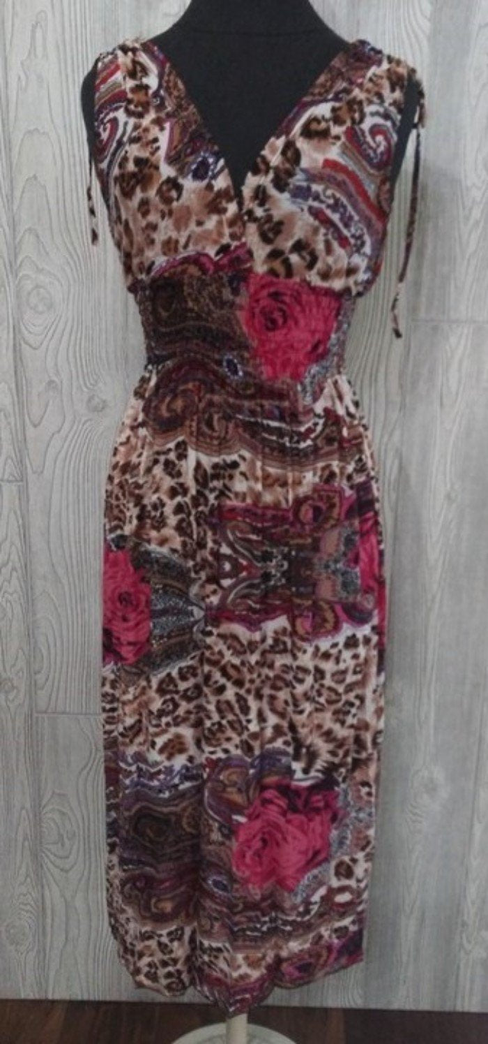NWT V-Neck Wild Roses Cheetah Pink Rose Stretch Midi Dress Sundress M #20