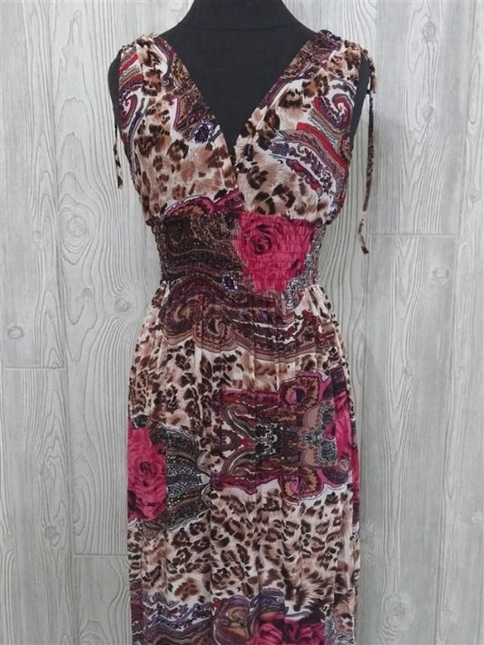 NWT V-Neck Wild Roses Cheetah Pink Rose Stretch Midi Dress Sundress XL #20