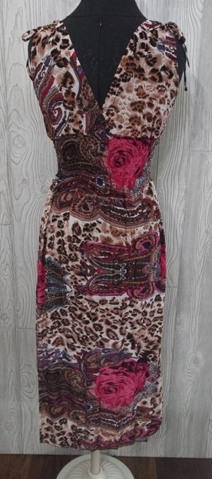 NWT V-Neck Wild Roses Cheetah Pink Rose Stretch Midi Dress Sundress M #20