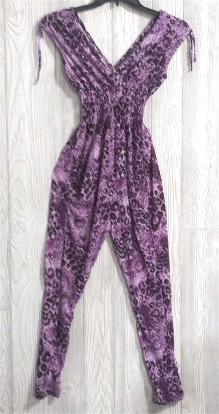 NWT V-Neck Pretty Kitty Purple Black Cheetah Print Stretch Pants Jumpsuit L #12