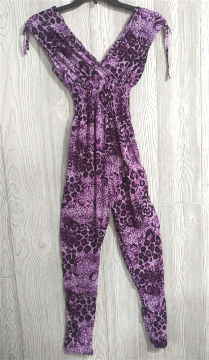 NWT V-Neck Pretty Kitty Purple Black Cheetah Print Stretch Pants Jumpsuit L #12