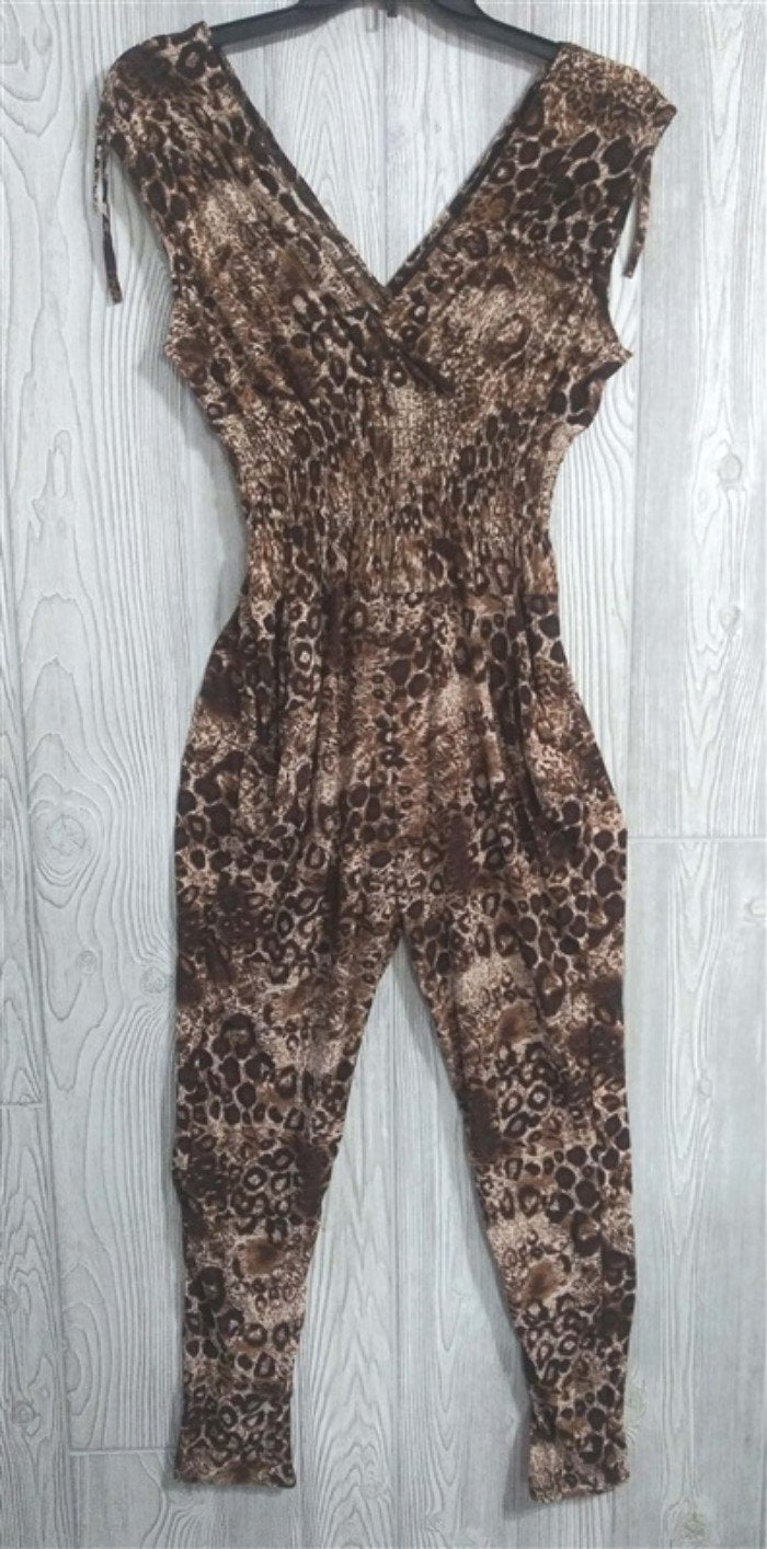 NWT V-Neck Pretty Kitty Brown Leopard Cheetah Print Stretch Pants Jumpsuit L #22