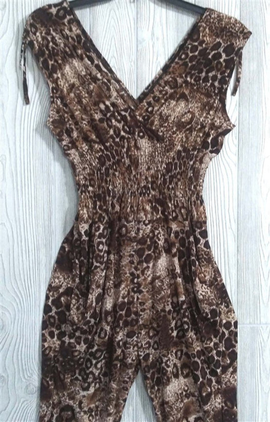 NWT V-Neck Pretty Kitty Brown Leopard Print Stretch Pant Jumpsuit XXL #12