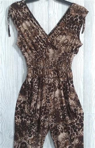 NWT V-Neck Pretty Kitty Brown Leopard Cheetah Print Stretch Pants Jumpsuit L #22