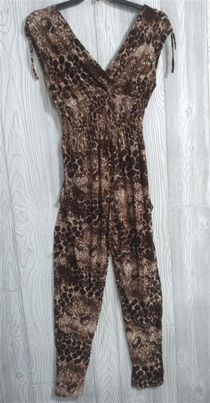 NWT V-Neck Pretty Kitty Brown Leopard Cheetah Print Stretch Pants Jumpsuit L #22