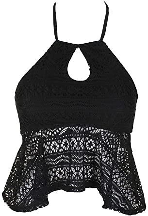 NWT Hula Honey S High Neck Crochet Black Bikini Swim Top #88122