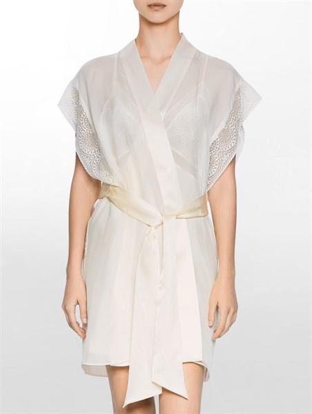 NEW Calvin Klein XS/S CK Black Endless Silk Lace Robe QS5679 Ivory #71965
