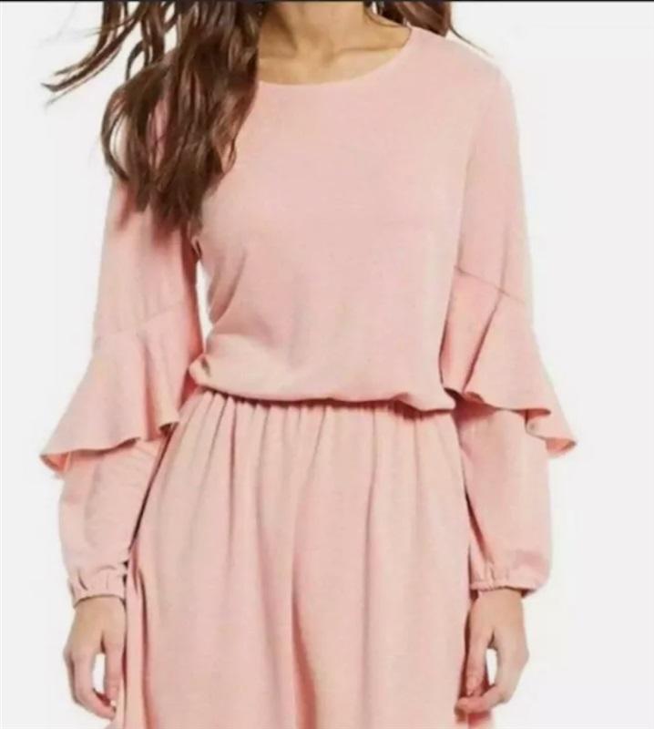 NWt H Halston Trapunto Flounce-Sleeve Shift Dress Pink LG #75941