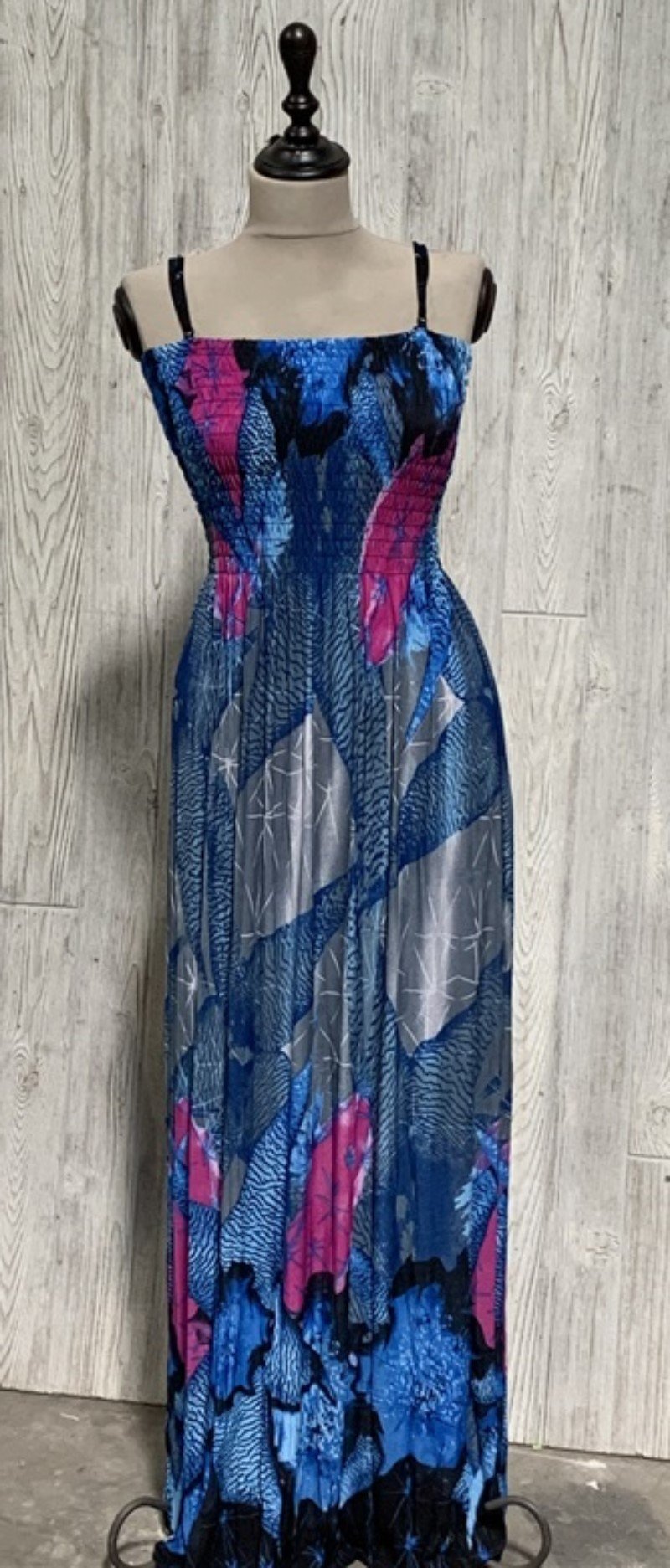 NWT Gathered Bust Stretch Sundress Maxi Dress Blue Pink Water Lilies XL 02