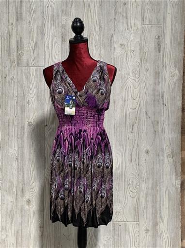 NWT Purple Gray Peacock Print w/ Lace Stretch Midi Dress Sundress LG 08
