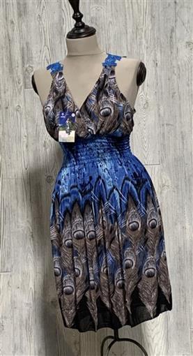 NWT Bright Blue Peacock Print w/ Lace Back Stretch Midi Dress Sundress XL #19