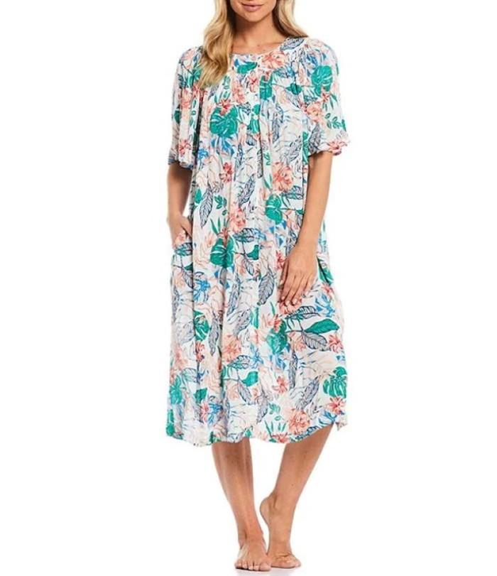 NEW Go Softly M Patio Dress Kaftan Tropical Floral Print Crinkle Fabric #83505