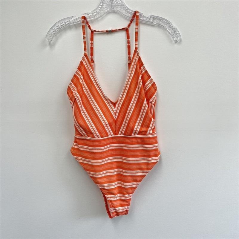 NWT MINKPINK XS Haiti 1PC Coral Stripe Deep V Swimsuit #84449