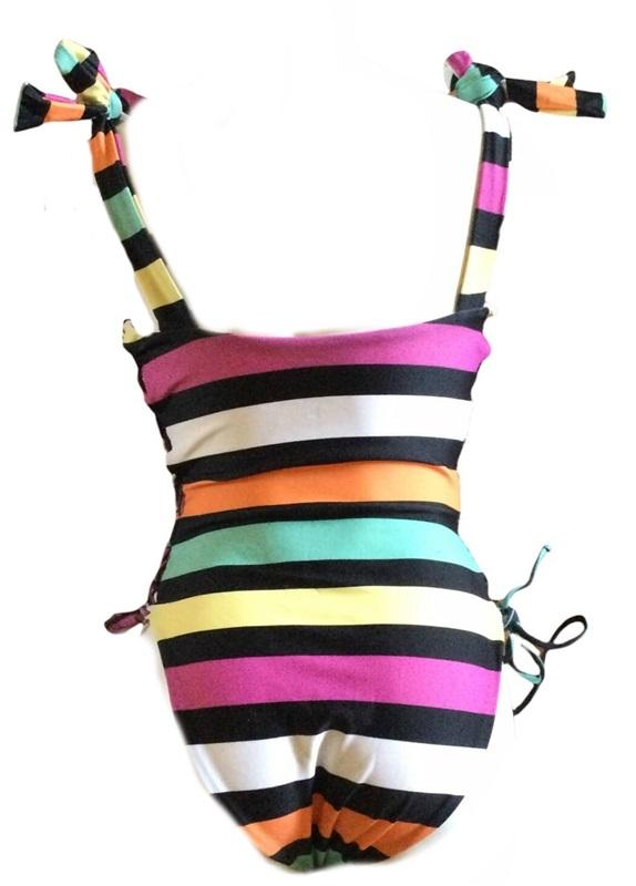 NWOT Lovers & Friends SM Take Me Away 1PC Lace UP Neon Striped Swimsuit 84450