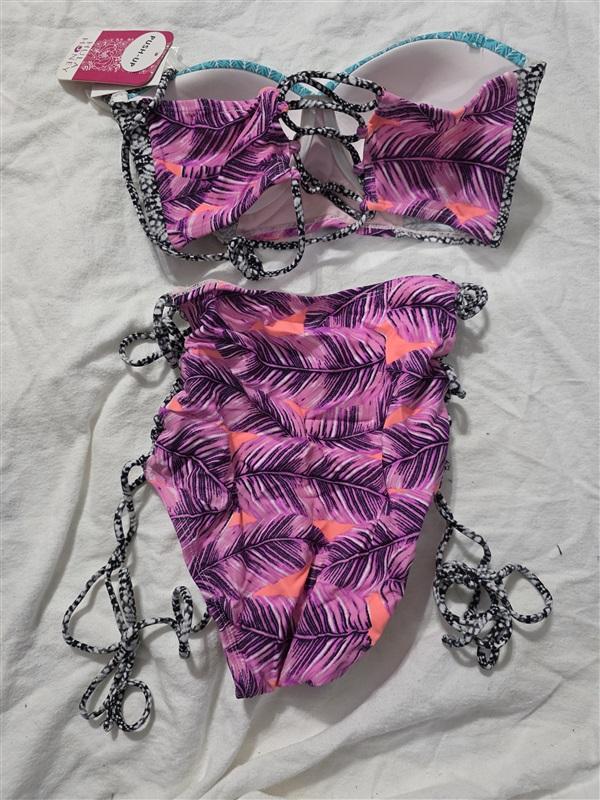 NWT Hula Honey XS/S Push-Up Bikini & Lace Up Swim Bottom Multi-Leaf Breeze 86032