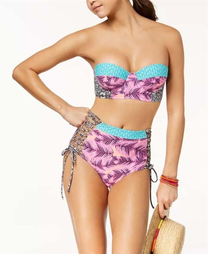 NWT Hula Honey MD Push-Up Bikini Top & Lace Up Bottom Multi-Leaf Breeze #86037