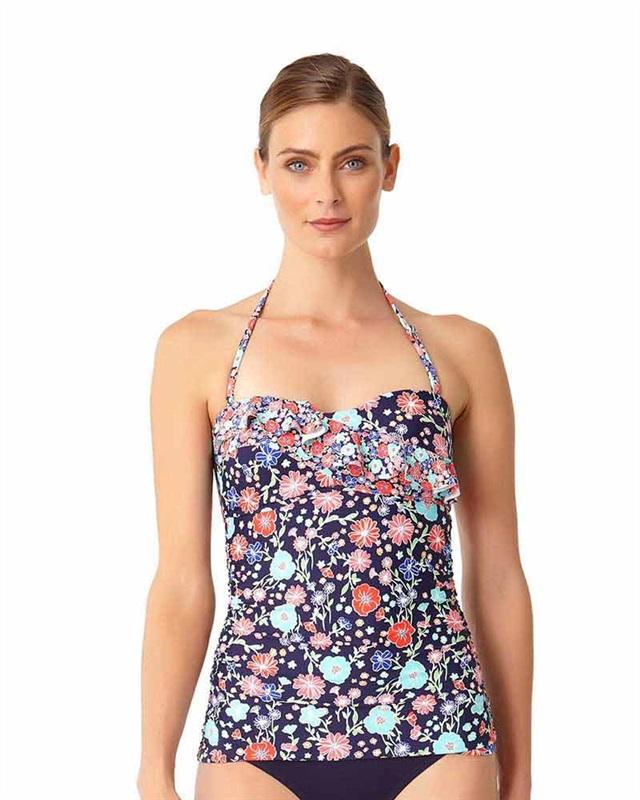 NWOT Anne Cole XS Lazy Daisy Navy Flounce Shirred Bandeaukini Tankini Top #87646