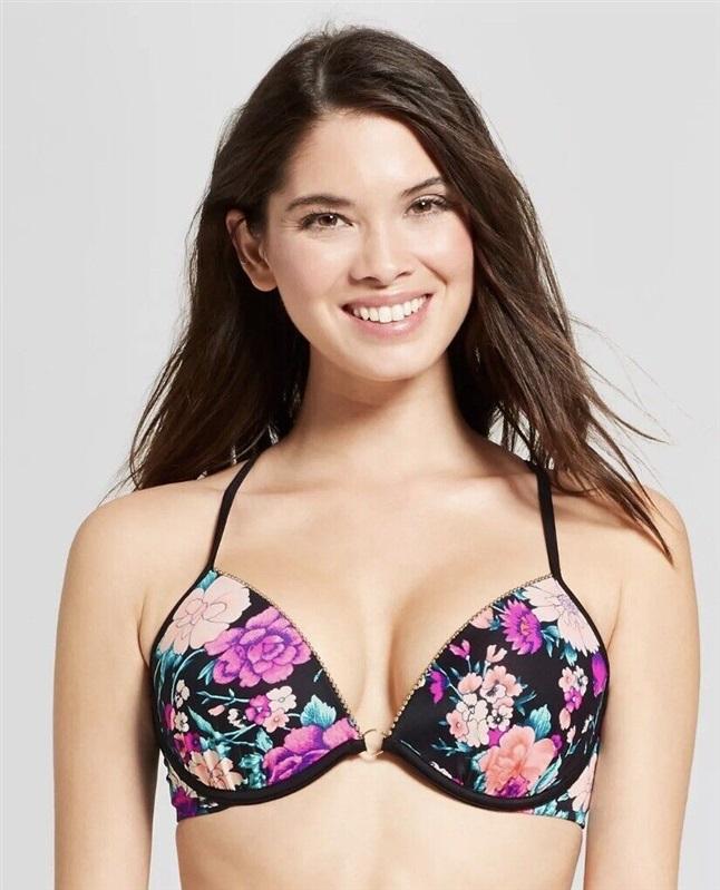 NWOT Shade & Shore 34C Light Lift Tie-back Black Floral Swim Top #87882