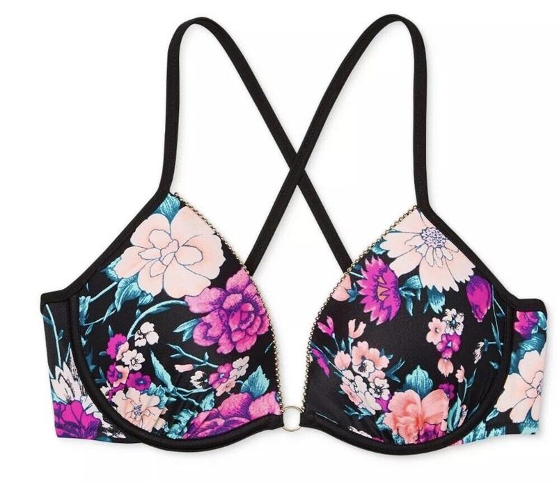 NWOT Shade & Shore 34C Light Lift Tie-back Black Floral Swim Top #87882