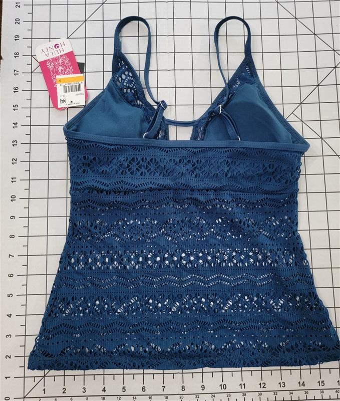 NWT Hula Honey S Blue Crochet Illusion Tankini Swim Top #88119