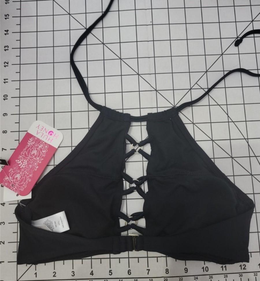 NWT Hula Honey XS Criss Crossed Ring Front Black High Neck Bikini Swim Top 89436