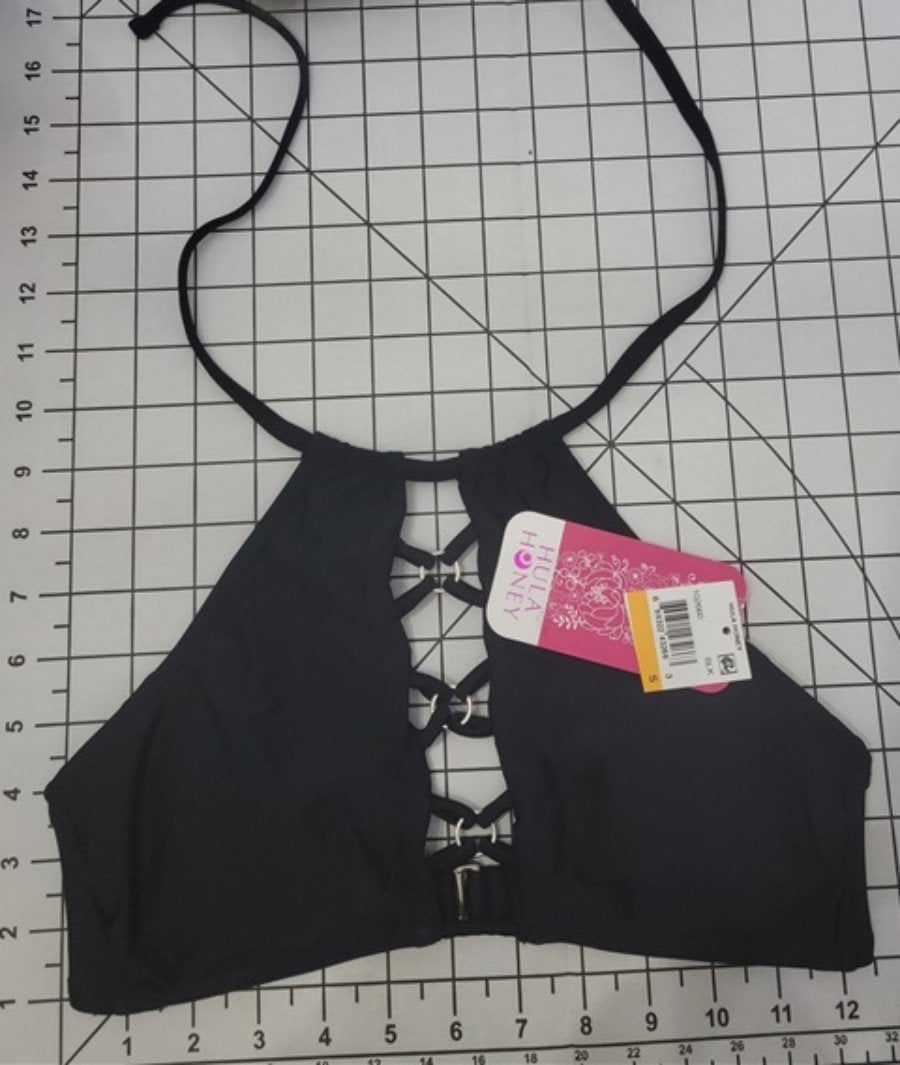 NWT Hula Honey XS Criss Crossed Ring Front Black High Neck Bikini Swim Top 89436