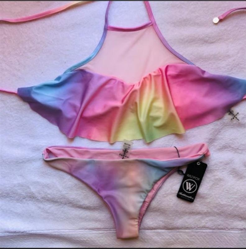 NWT WILDFOX LG Pastel Rainbow Flounce Mesh Bikini Set Top Bottom #90122