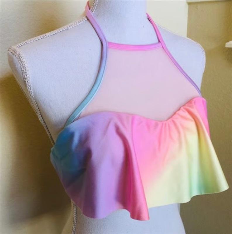 NWT WILDFOX LG Pastel Rainbow Flounce Mesh Bikini Set Top Bottom #90122