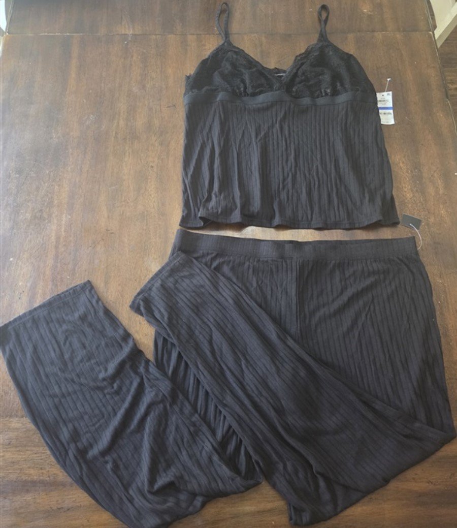 NWT INC Large Lace Ribbed Pajama Set Black #90300