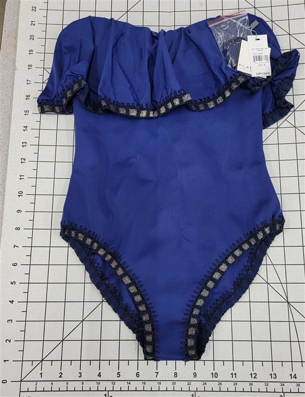 NWT Pilyq Platinum S Flutter Crochet Trim 1PC Swimsuit Navy Blue 92661