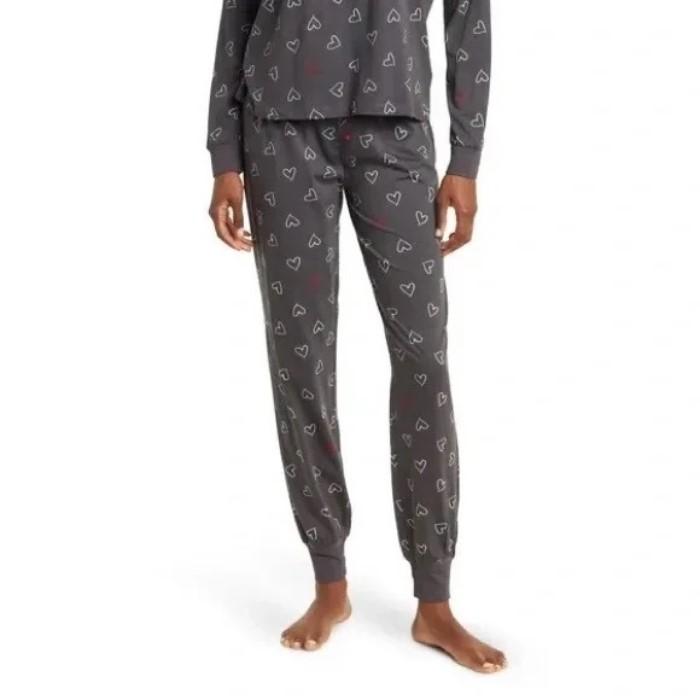 NWT Cozy Zoe M Lightweight Jersey Heart Print Gray & White Pajama Set #92838