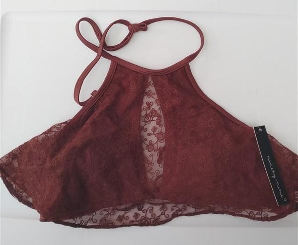 NWT Ninety-Nine Floral Flounced High Neck Brown M 5563 Bikini Swim Top 93087