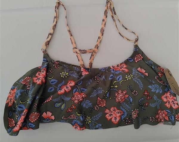 NWT True Craft Floral Field Green Flounced Halter SM Bikini Swim Top #93090