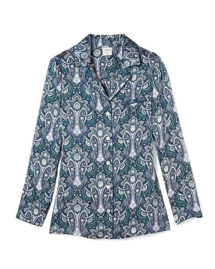 New Soma M Satin Long Sleeve Notch Collar Pajama Top Angelic Paisley Teal #93117