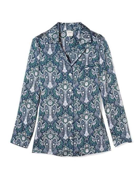 New Soma M Satin Long Sleeve Notch Collar Pajama Top Angelic Paisley Teal #93117