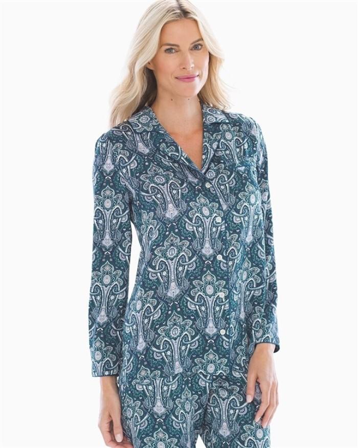New Soma M Satin Long Sleeve Notch Collar Pajama Top Angelic Paisley Teal #93117