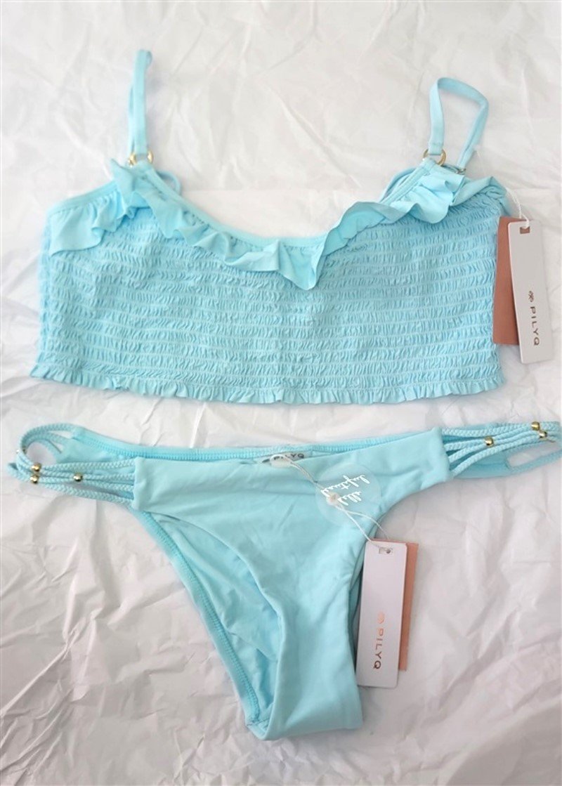 NWT Pilyq LG Cabana Blue Smocked Ruffle Halter & Braided Tenny Bikini 93266