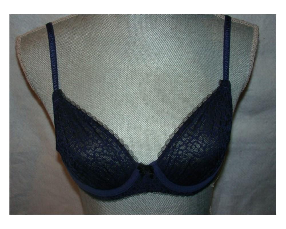 NEW DKNY 32A Mirage Molded Mesh Overlay Demi Underwire Bra 453171 Navy #93414