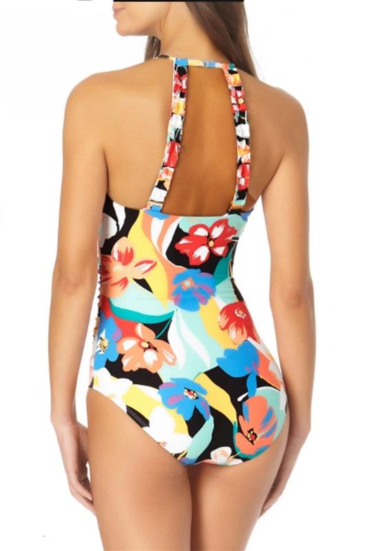 NWT Anne Cole 10 High Neck With Keyhole 1Pc Tropical Print Swimsuit 93472
