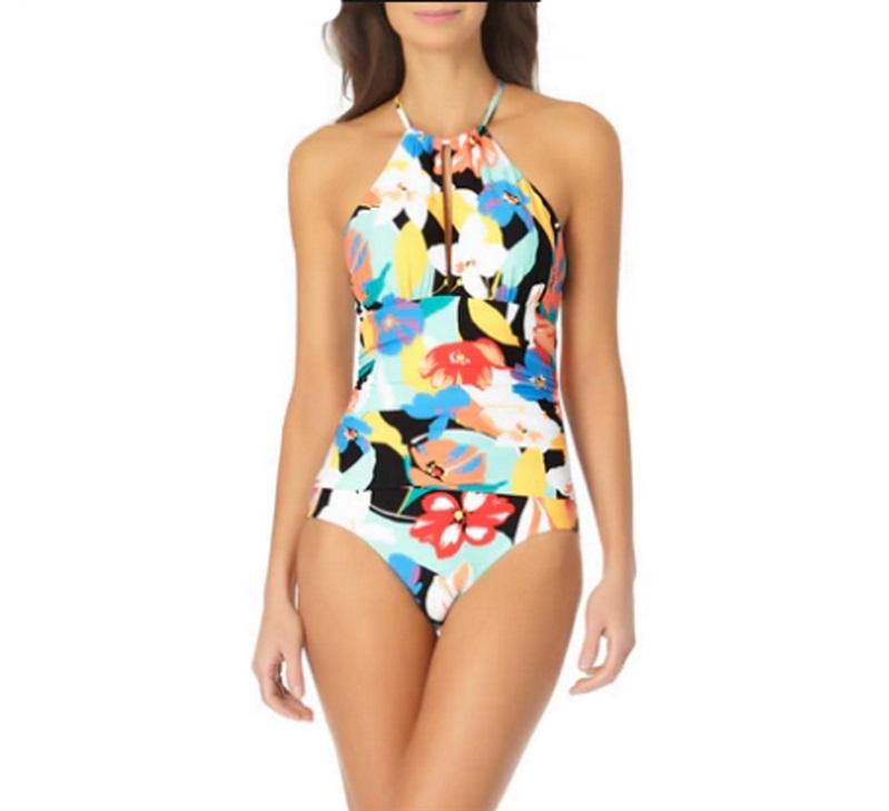 NWT Anne Cole 10 High Neck With Keyhole 1Pc Tropical Print Swimsuit 93472