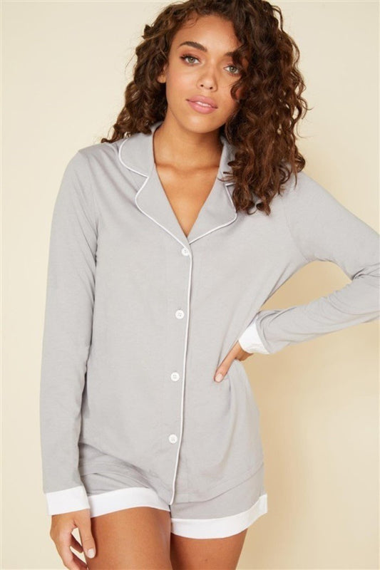 New Cosabella Plus Bella Long Sleeve Top & Boxer Shorts Pajama Set 1X Gray 93533