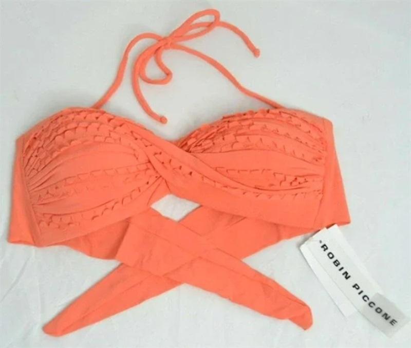 NWT Robin Piccone S Fringe Twist Halter Tie-Back Coral Bikini Swim Top #93586