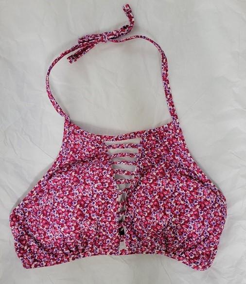 NWOT Arizona Jean Co Cranberry Floral High Neck Keyhole M Bikini Swim Top #93641