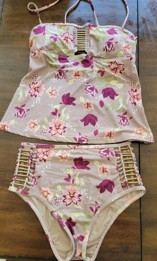 NWOT Ella Moss M Floral Bars & Stars Bandeau Tankini 93852