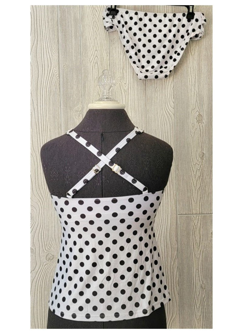 NWOT ATHENA 6 Chain Detail Black & White Polka Dot Tankini 2pc Swimsuit #94060