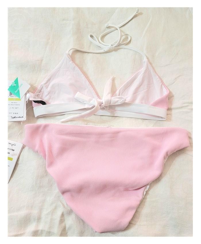 NWT Splendid Girls 14 Art Deco Retro Ribbed Reversible Pink & White Bikini 94079